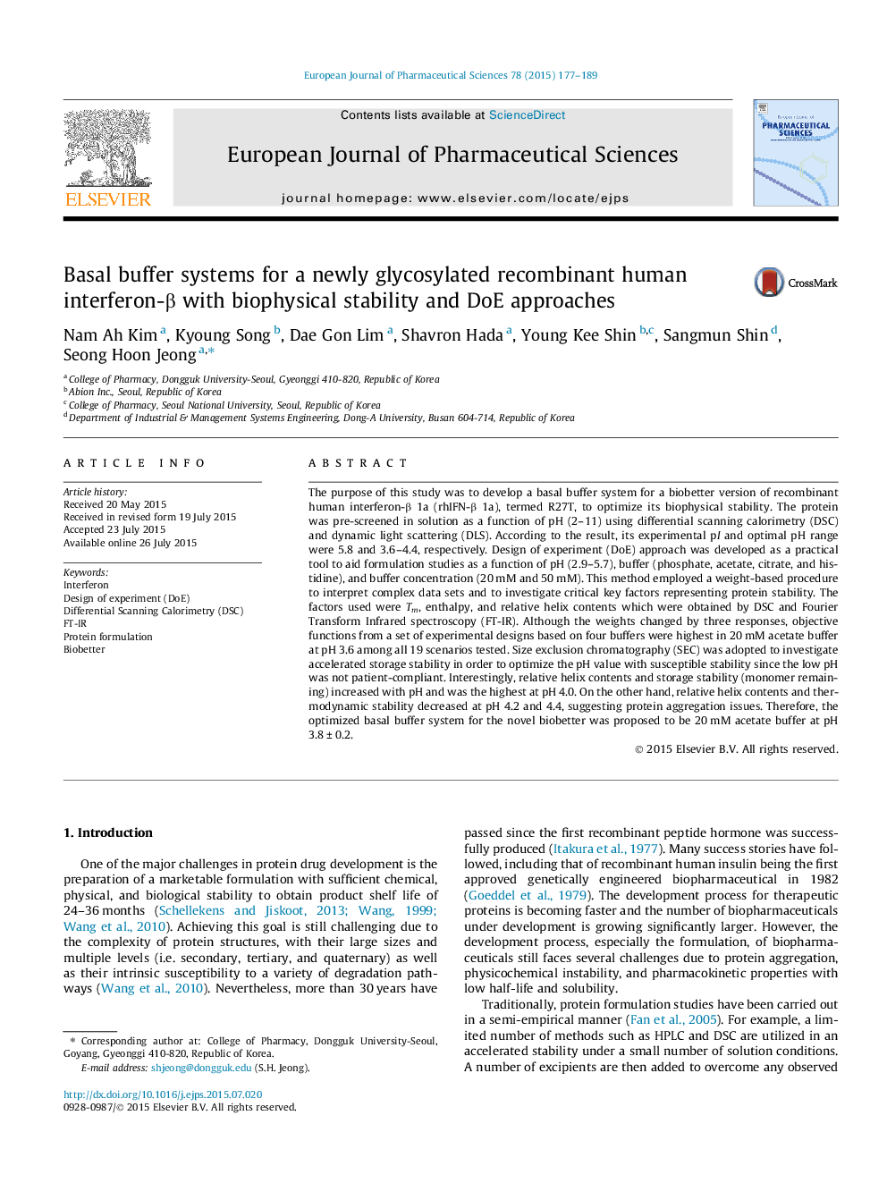 Basal buffer systems for a newly glycosylated recombinant human interferon-β with biophysical stability and DoE approaches