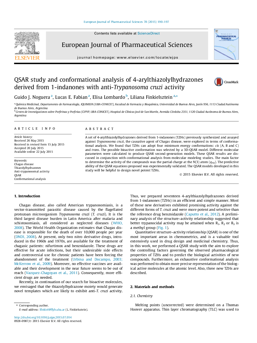 QSAR study and conformational analysis of 4-arylthiazolylhydrazones derived from 1-indanones with anti-Trypanosoma cruzi activity