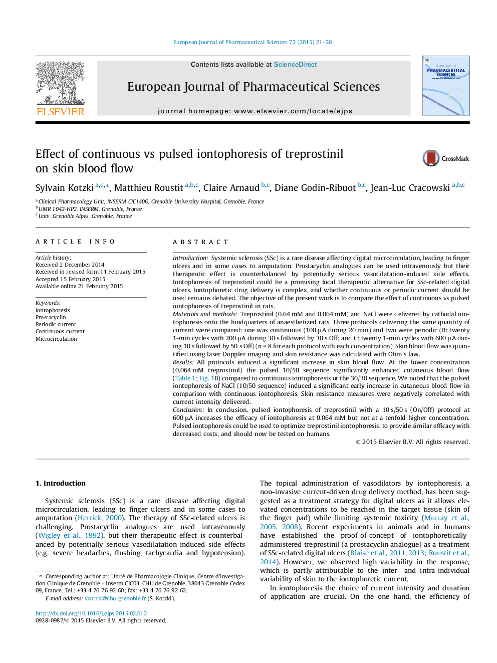 Effect of continuous vs pulsed iontophoresis of treprostinil on skin blood flow