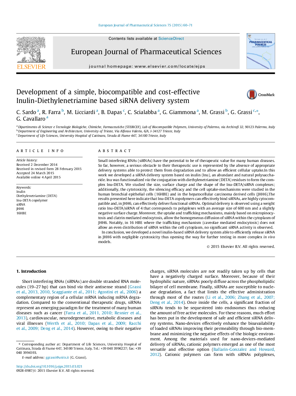 Development of a simple, biocompatible and cost-effective Inulin-Diethylenetriamine based siRNA delivery system