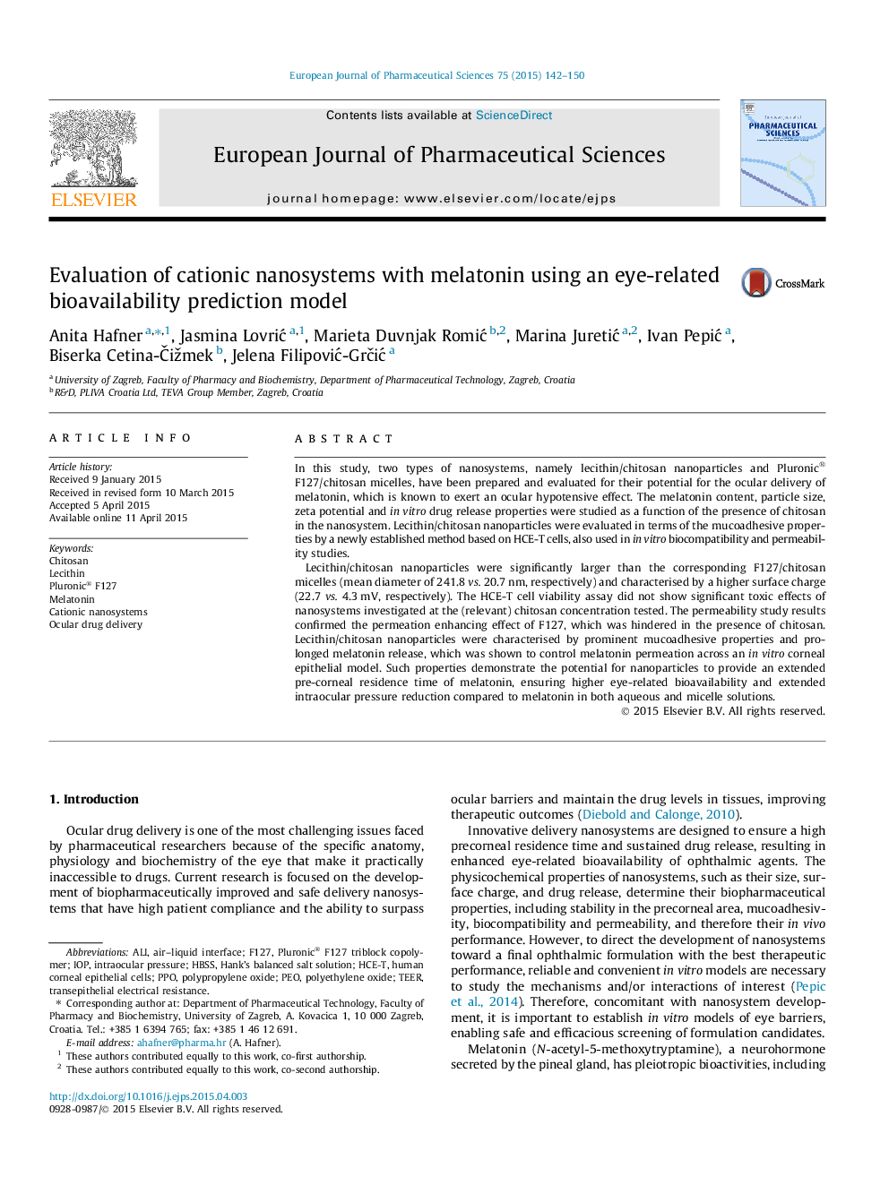 Evaluation of cationic nanosystems with melatonin using an eye-related bioavailability prediction model