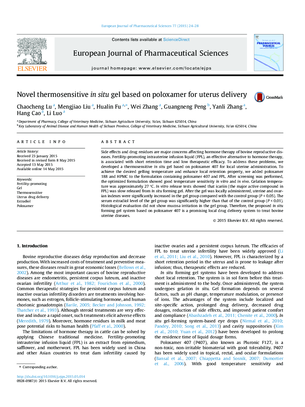 Novel thermosensitive in situ gel based on poloxamer for uterus delivery