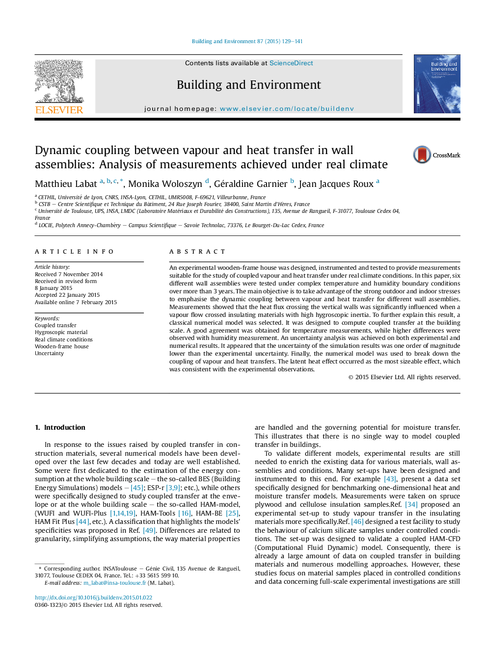 Dynamic coupling between vapour and heat transfer in wall assemblies: Analysis of measurements achieved under real climate