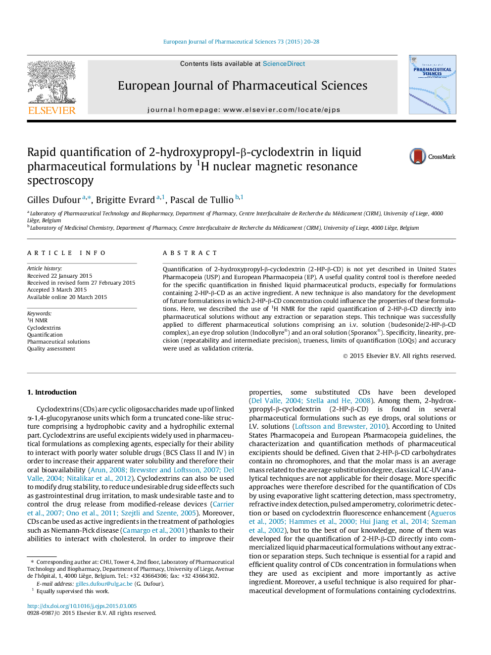 Rapid quantification of 2-hydroxypropyl-β-cyclodextrin in liquid pharmaceutical formulations by 1H nuclear magnetic resonance spectroscopy