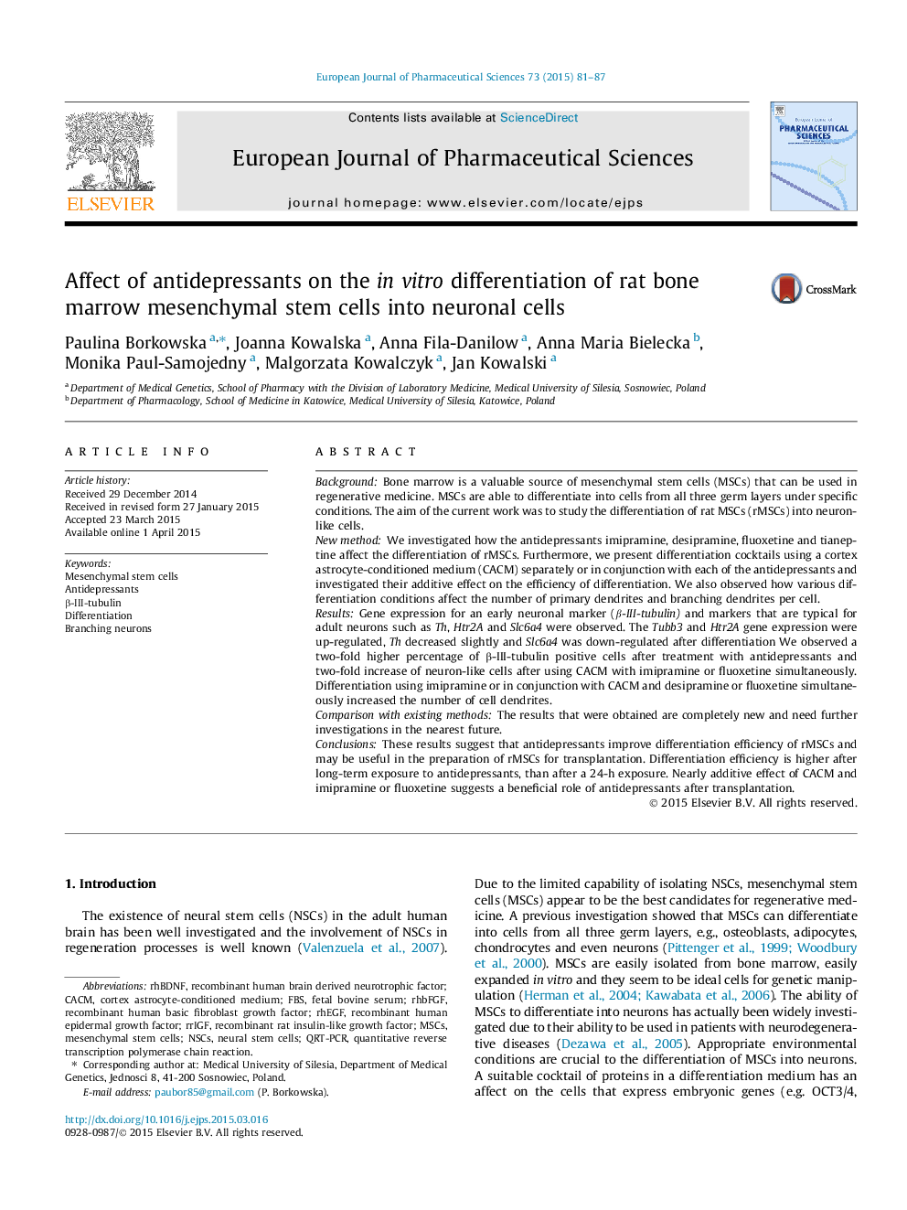 Affect of antidepressants on the in vitro differentiation of rat bone marrow mesenchymal stem cells into neuronal cells
