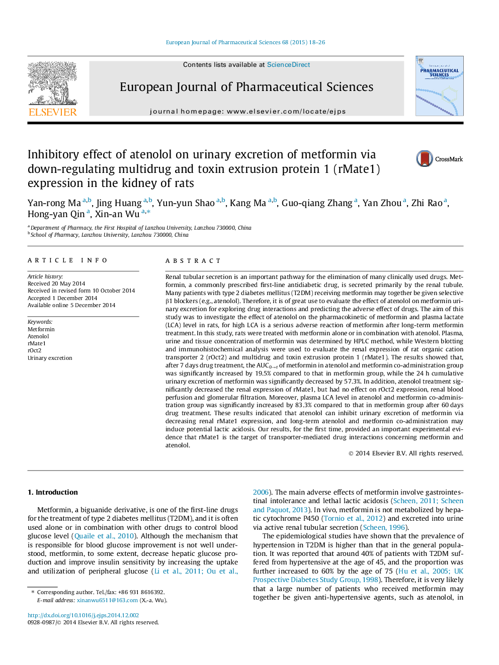 Inhibitory effect of atenolol on urinary excretion of metformin via down-regulating multidrug and toxin extrusion protein 1 (rMate1) expression in the kidney of rats