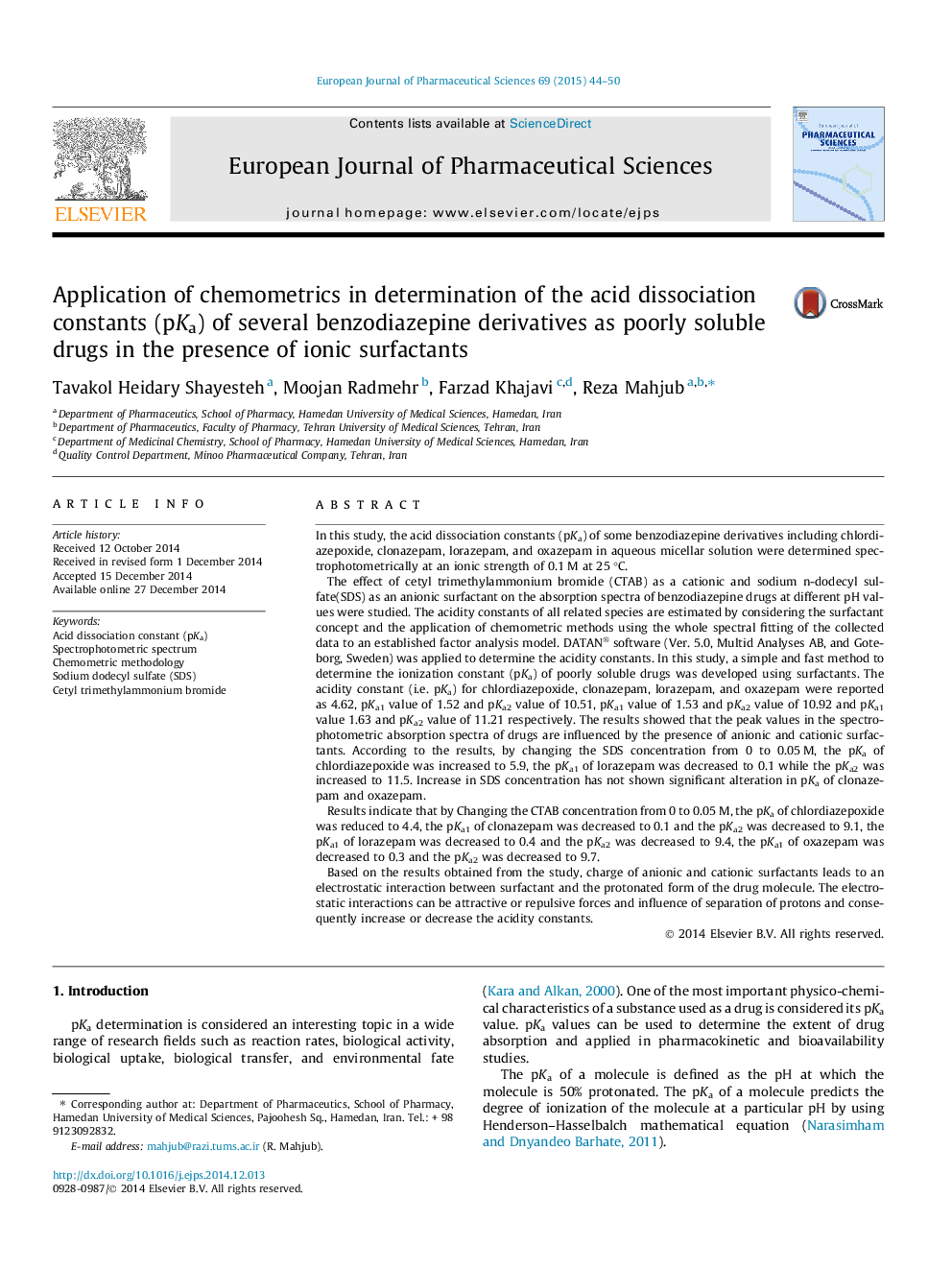 Application of chemometrics in determination of the acid dissociation constants (pKa) of several benzodiazepine derivatives as poorly soluble drugs in the presence of ionic surfactants