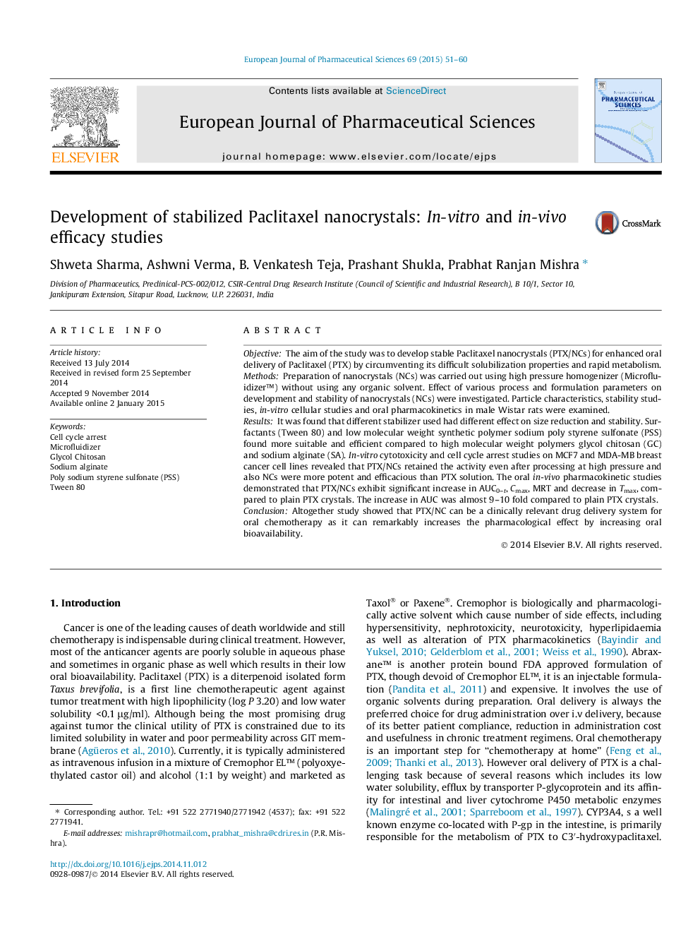 Development of stabilized Paclitaxel nanocrystals: In-vitro and in-vivo efficacy studies