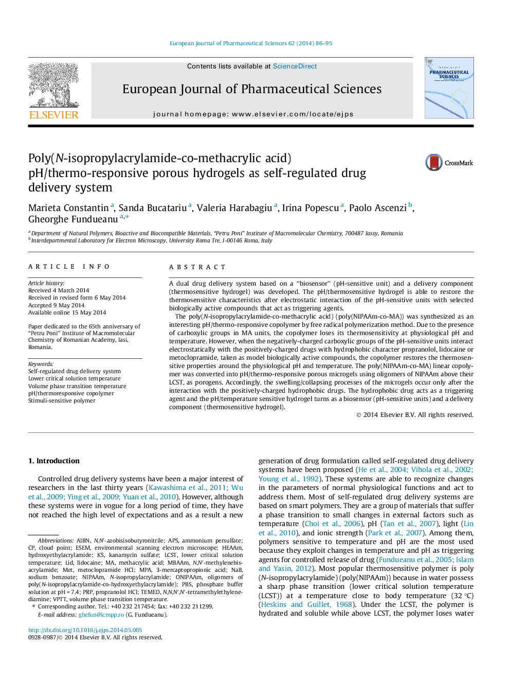 Poly(N-isopropylacrylamide-co-methacrylic acid) pH/thermo-responsive porous hydrogels as self-regulated drug delivery system