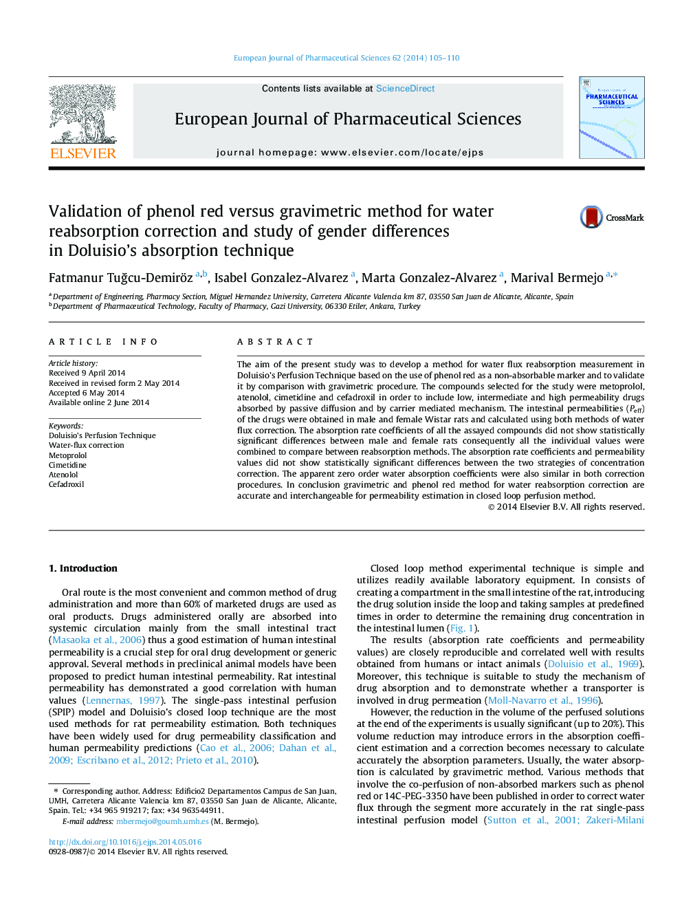 Validation of phenol red versus gravimetric method for water reabsorption correction and study of gender differences in Doluisio’s absorption technique