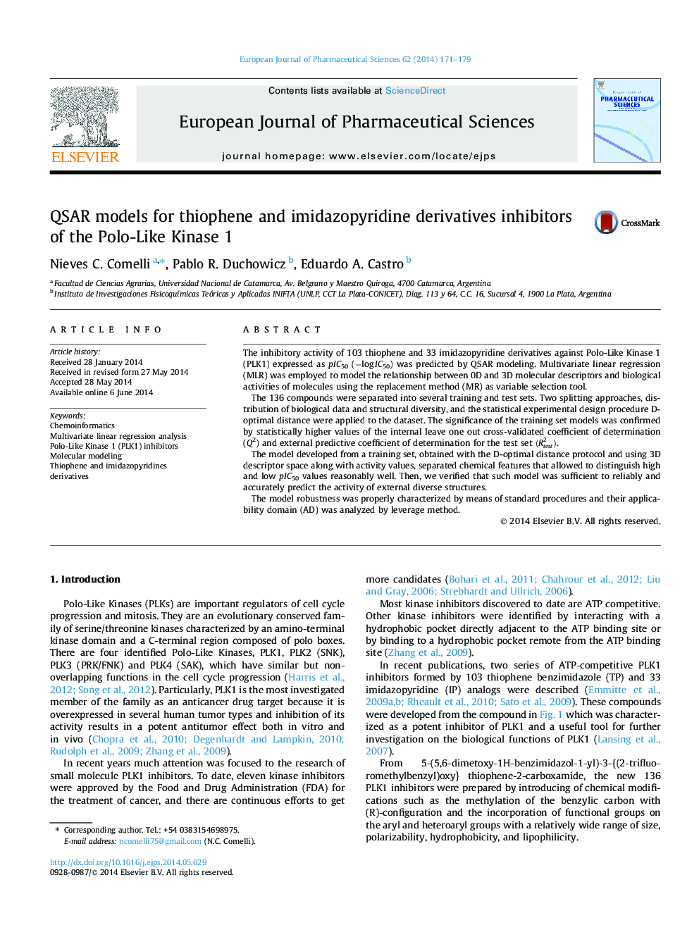 QSAR models for thiophene and imidazopyridine derivatives inhibitors of the Polo-Like Kinase 1