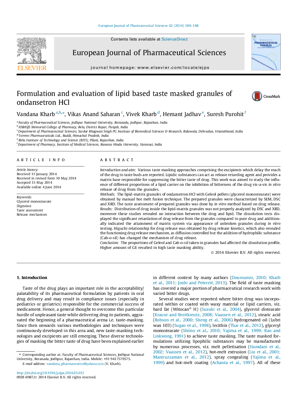 Formulation and evaluation of lipid based taste masked granules of ondansetron HCl