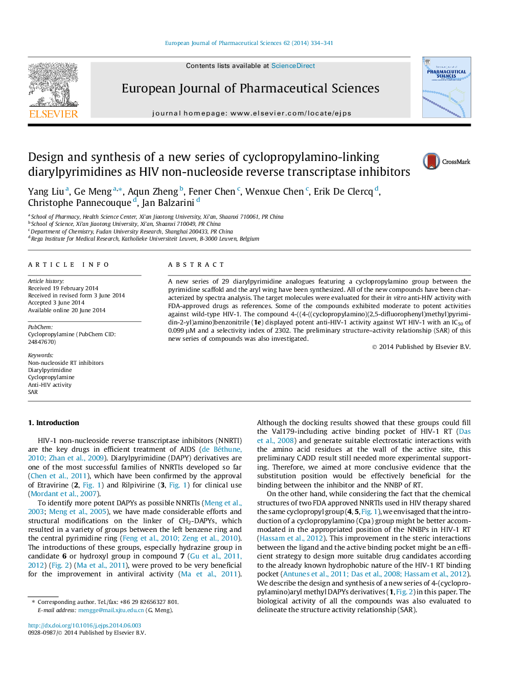 Design and synthesis of a new series of cyclopropylamino-linking diarylpyrimidines as HIV non-nucleoside reverse transcriptase inhibitors