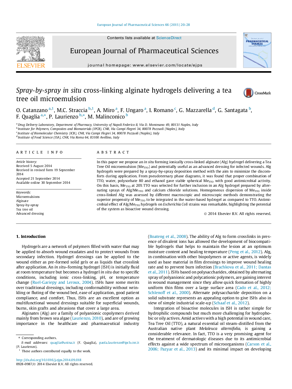 Spray-by-spray in situ cross-linking alginate hydrogels delivering a tea tree oil microemulsion