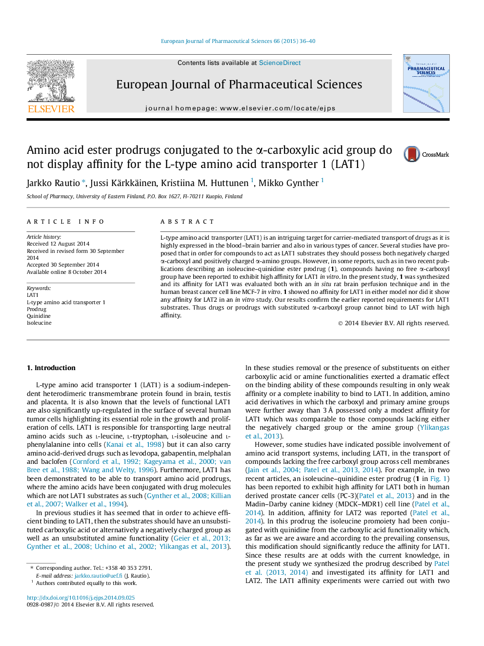 Amino acid ester prodrugs conjugated to the α-carboxylic acid group do not display affinity for the L-type amino acid transporter 1 (LAT1)