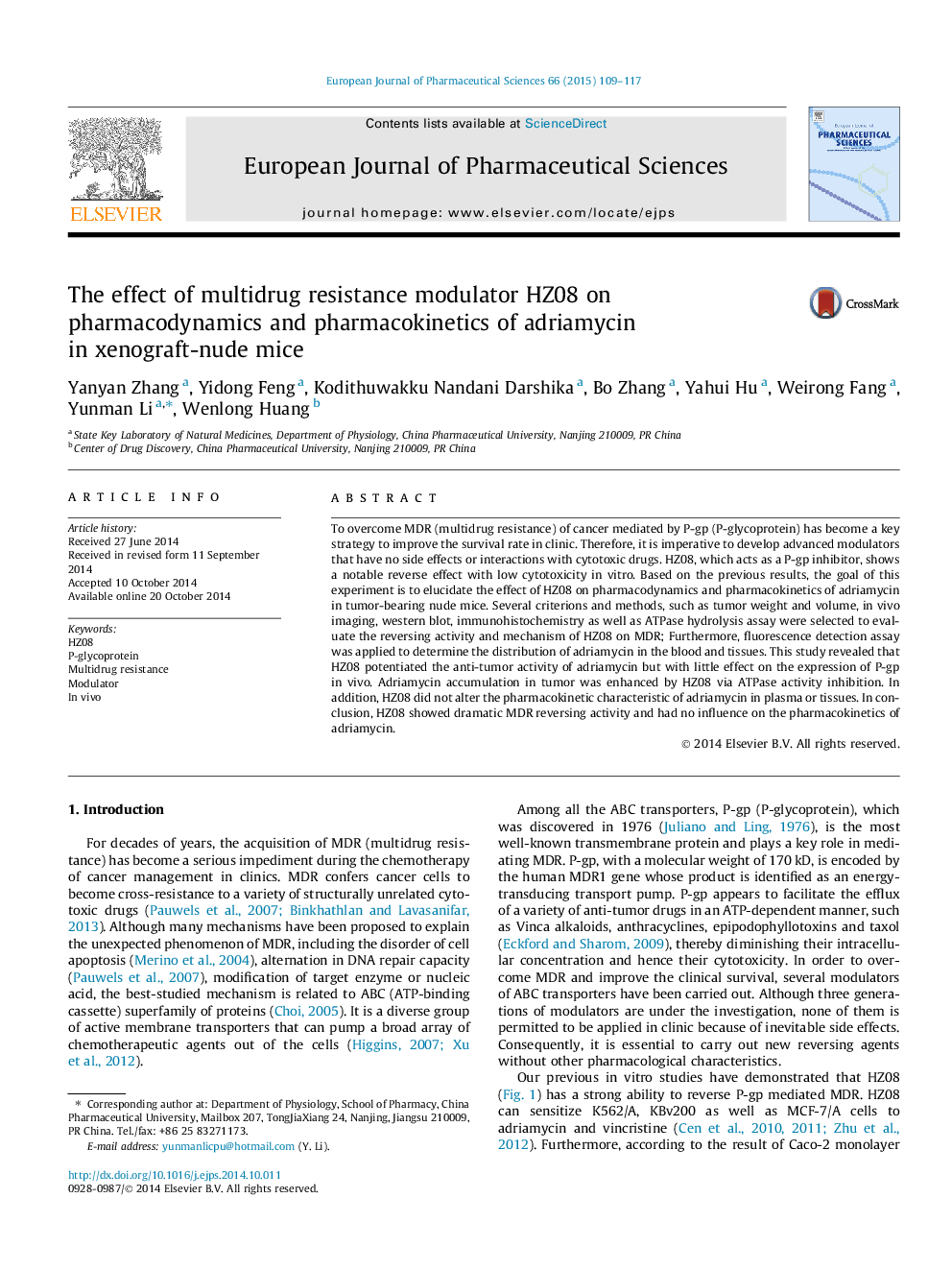 The effect of multidrug resistance modulator HZ08 on pharmacodynamics and pharmacokinetics of adriamycin in xenograft-nude mice