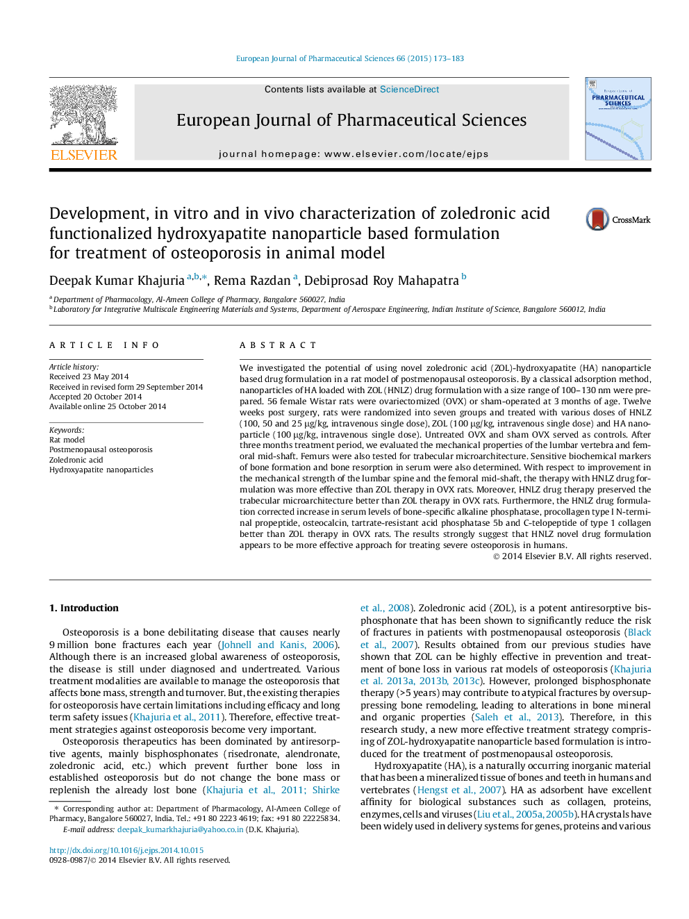 Development, in vitro and in vivo characterization of zoledronic acid functionalized hydroxyapatite nanoparticle based formulation for treatment of osteoporosis in animal model