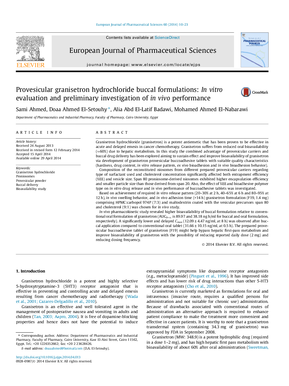 Provesicular granisetron hydrochloride buccal formulations: Invitro evaluation and preliminary investigation of in vivo performance