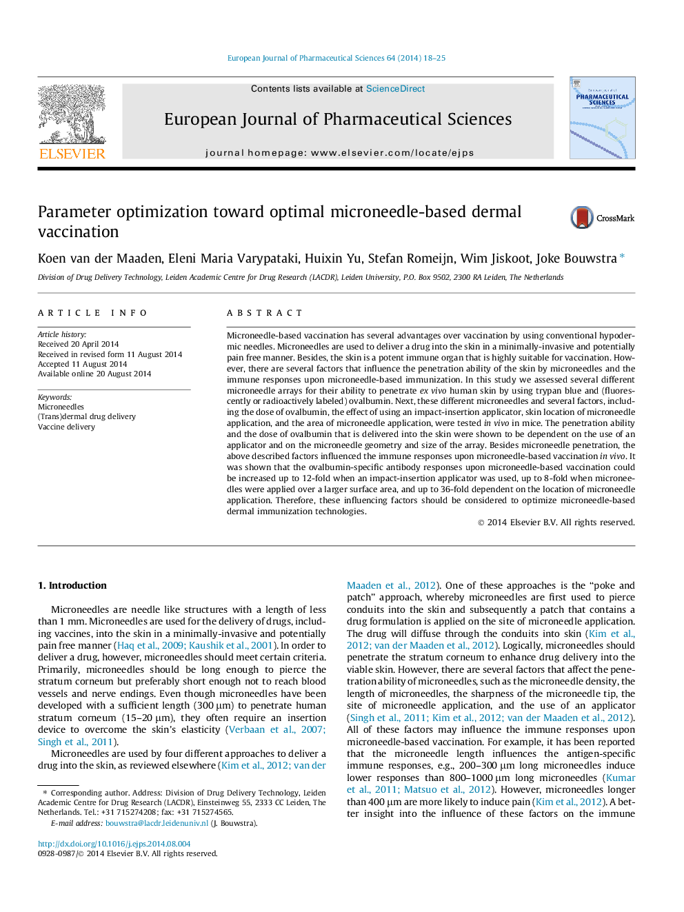 Parameter optimization toward optimal microneedle-based dermal vaccination