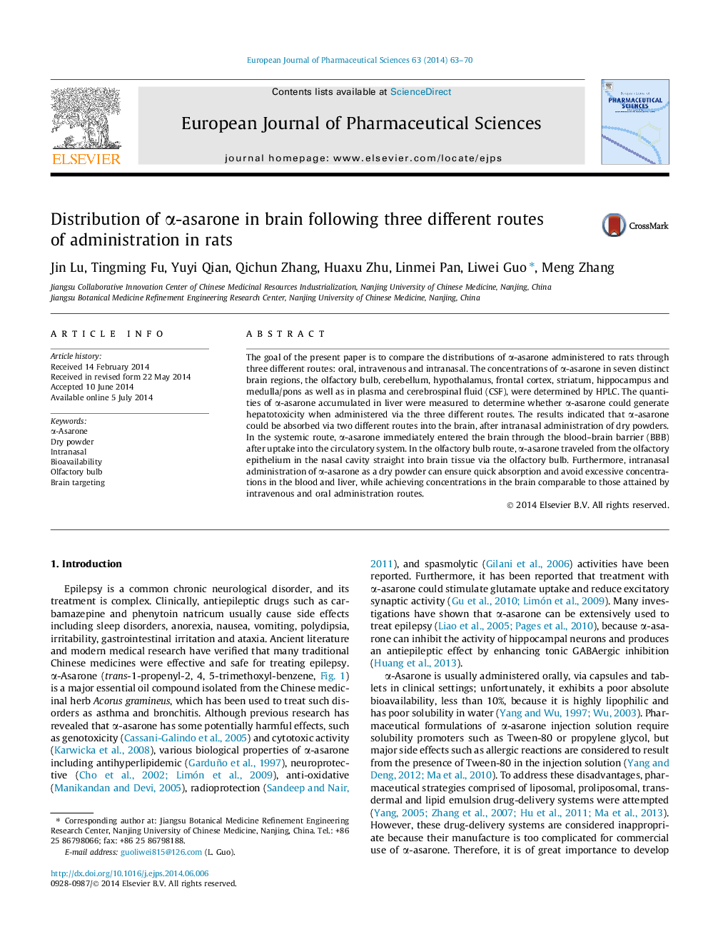 Distribution of α-asarone in brain following three different routes of administration in rats