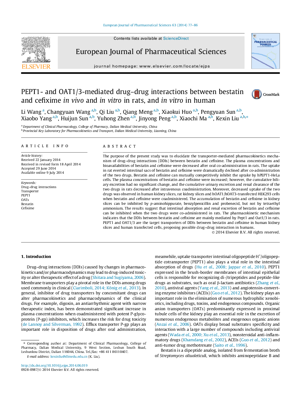 PEPT1- and OAT1/3-mediated drug–drug interactions between bestatin and cefixime in vivo and in vitro in rats, and in vitro in human