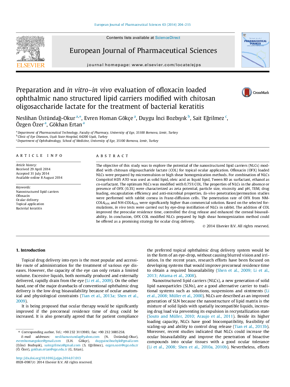 Preparation and in vitro–in vivo evaluation of ofloxacin loaded ophthalmic nano structured lipid carriers modified with chitosan oligosaccharide lactate for the treatment of bacterial keratitis