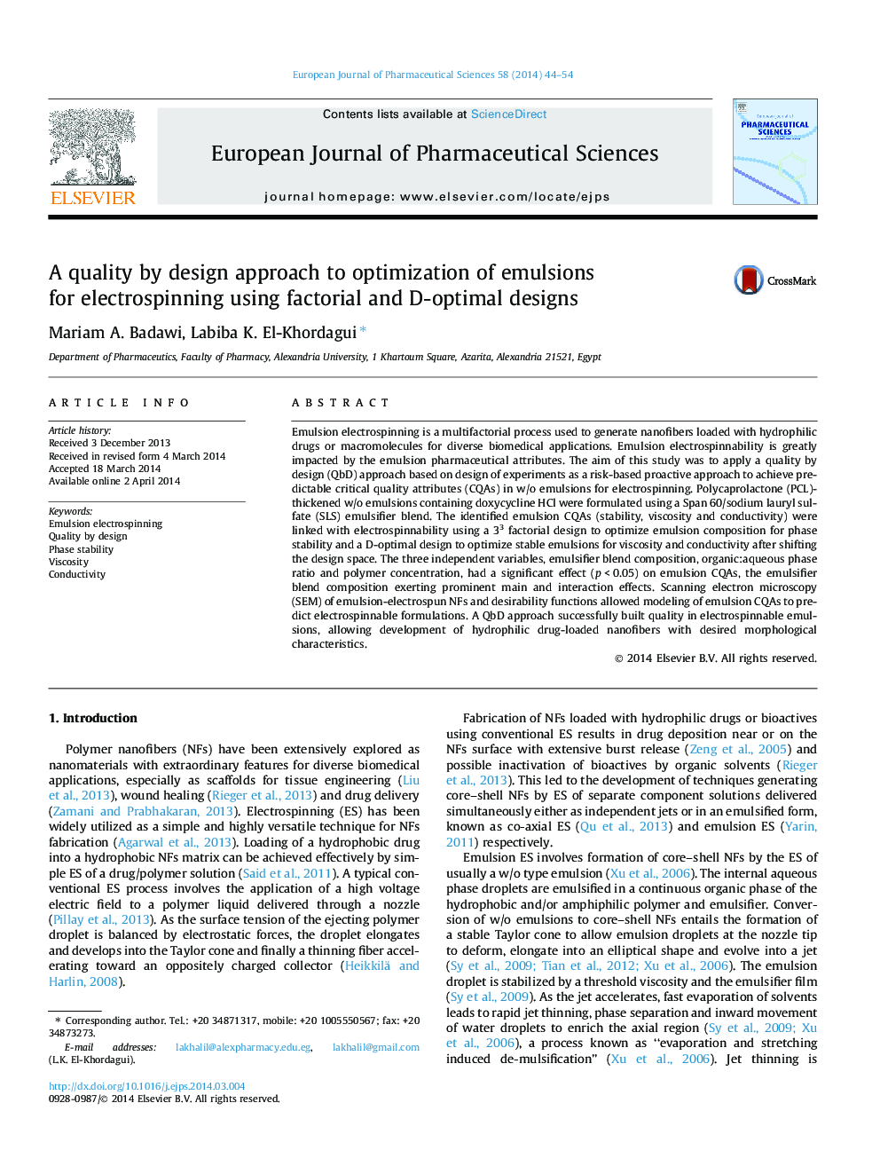 A quality by design approach to optimization of emulsions for electrospinning using factorial and D-optimal designs