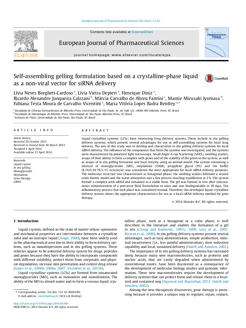 Self-assembling gelling formulation based on a crystalline-phase liquid as a non-viral vector for siRNA delivery