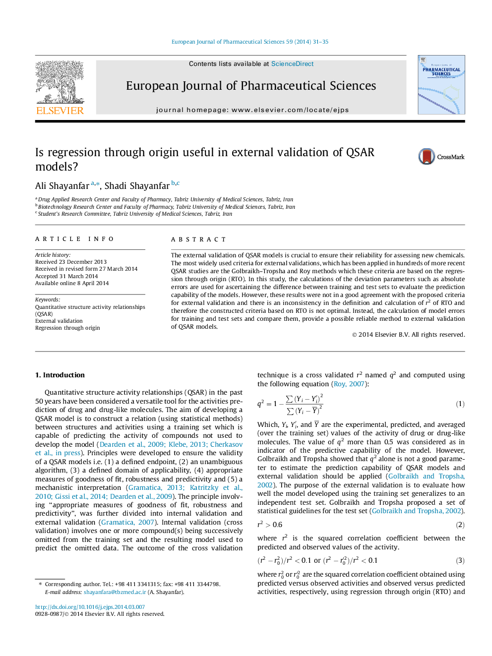 Is regression through origin useful in external validation of QSAR models?