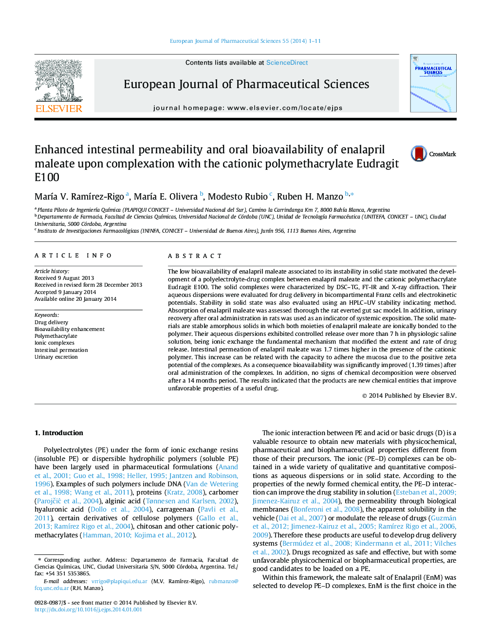 Enhanced intestinal permeability and oral bioavailability of enalapril maleate upon complexation with the cationic polymethacrylate Eudragit E100