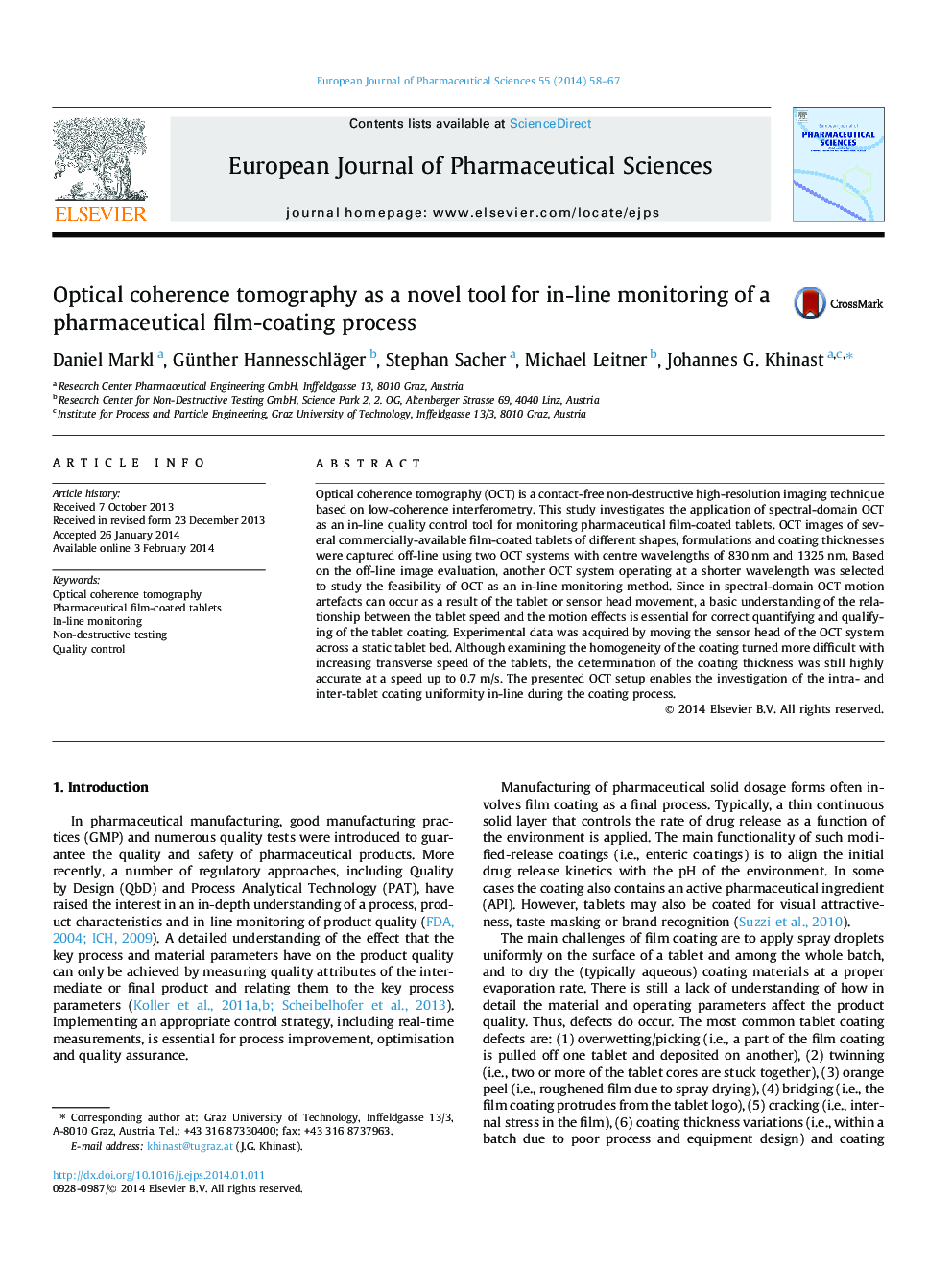 Optical coherence tomography as a novel tool for in-line monitoring of a pharmaceutical film-coating process