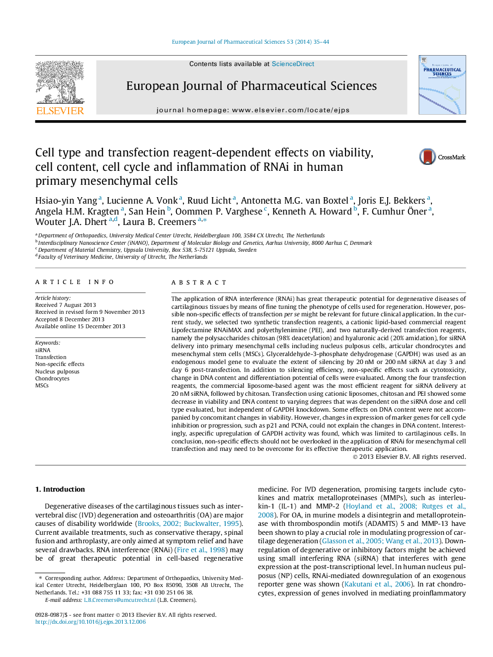 Cell type and transfection reagent-dependent effects on viability, cell content, cell cycle and inflammation of RNAi in human primary mesenchymal cells