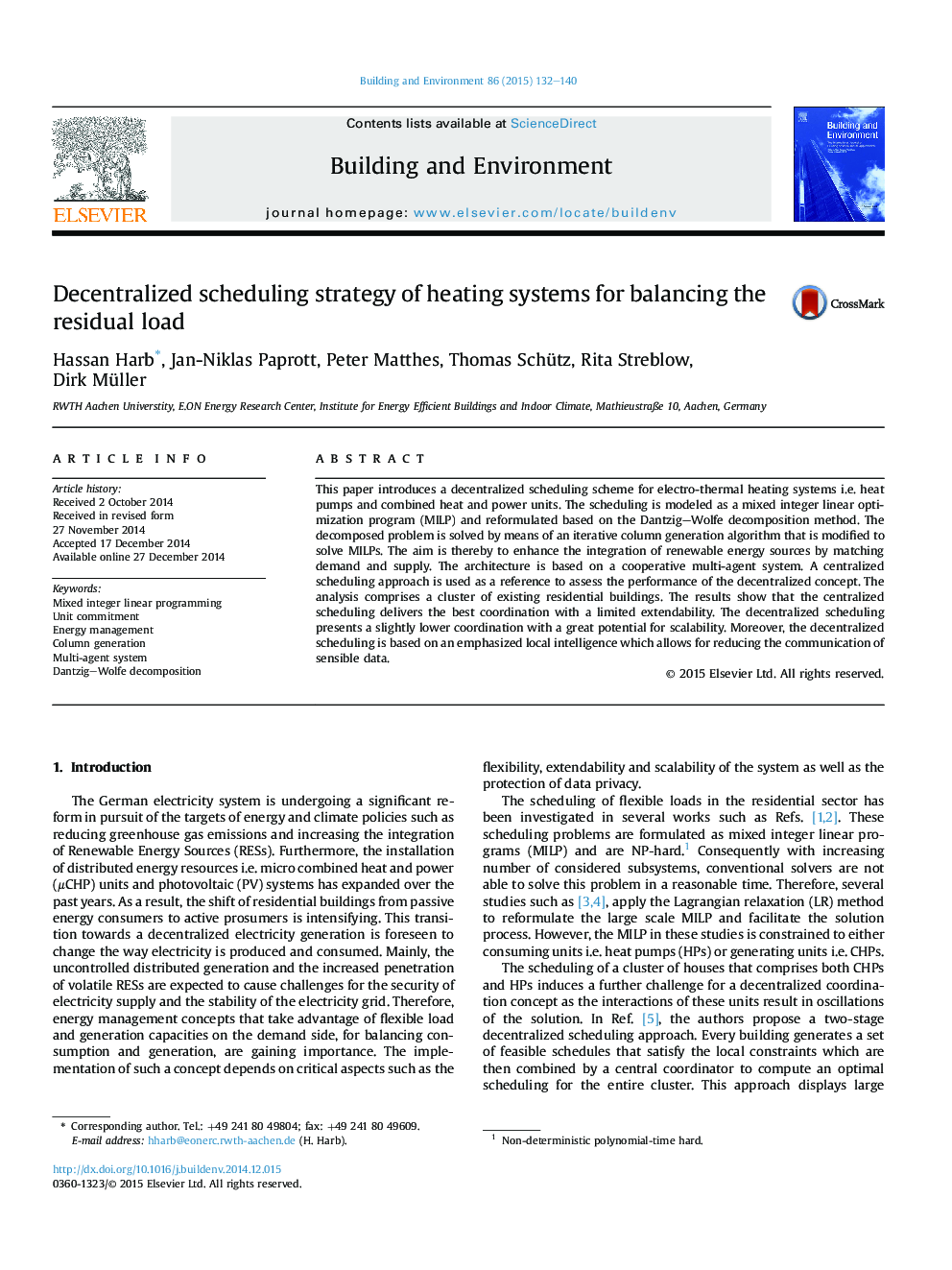 Decentralized scheduling strategy of heating systems for balancing the residual load