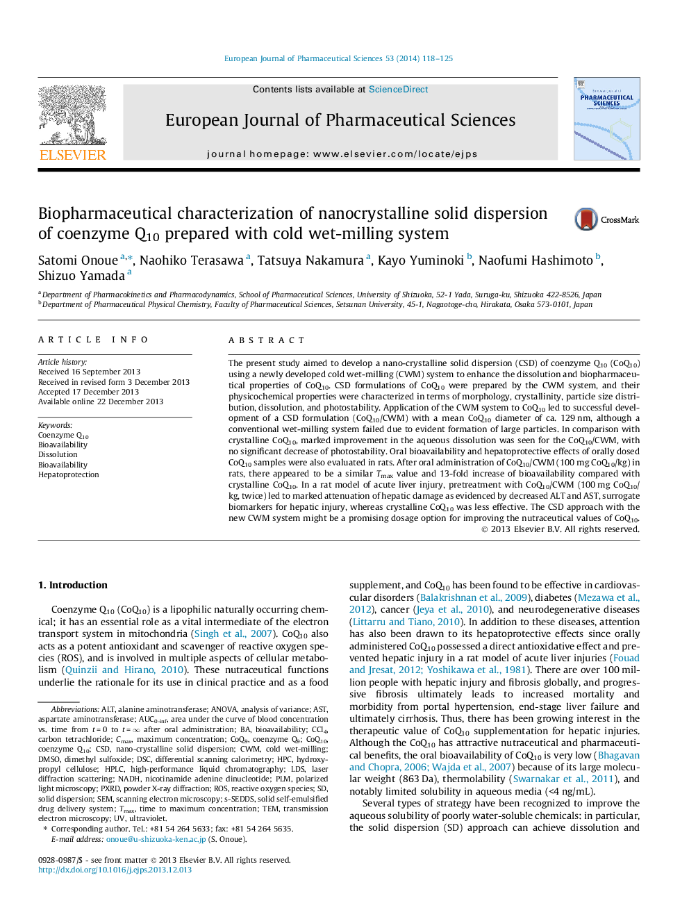 Biopharmaceutical characterization of nanocrystalline solid dispersion of coenzyme Q10 prepared with cold wet-milling system