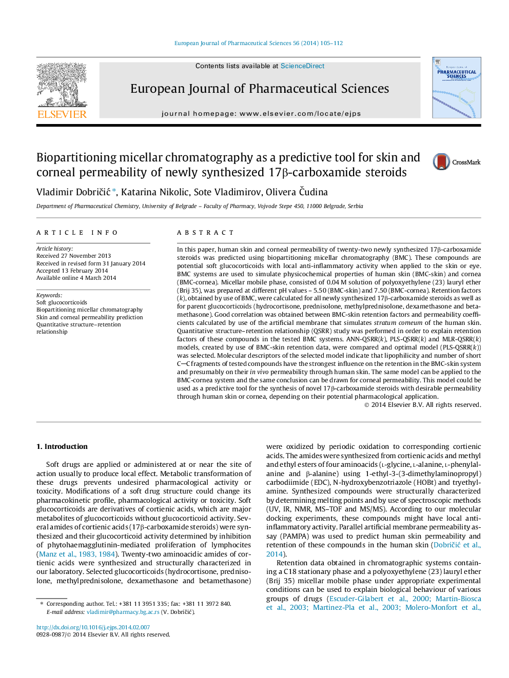 Biopartitioning micellar chromatography as a predictive tool for skin and corneal permeability of newly synthesized 17β-carboxamide steroids