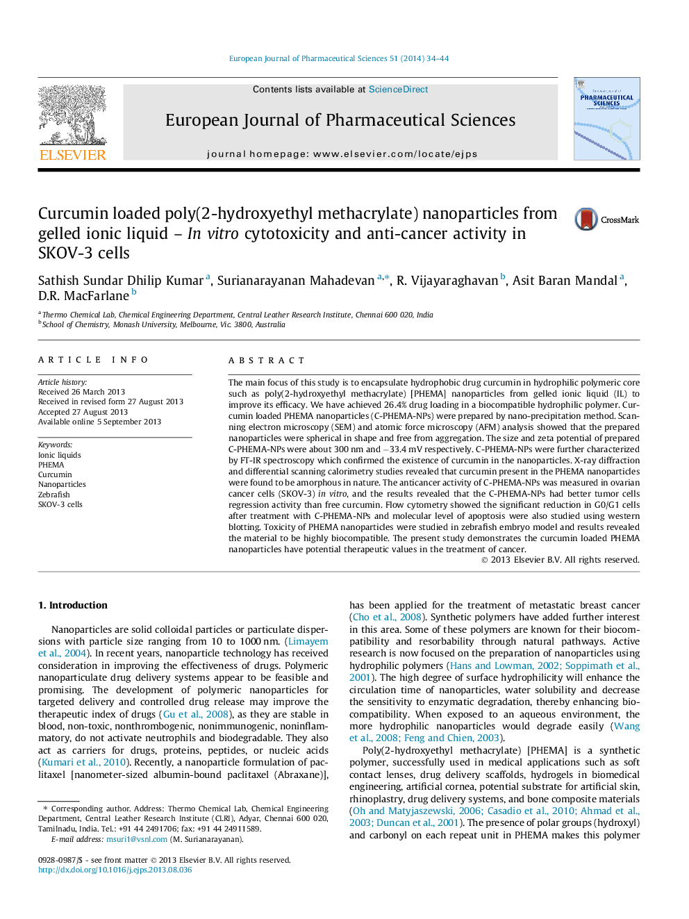 Curcumin loaded poly(2-hydroxyethyl methacrylate) nanoparticles from gelled ionic liquid – In vitro cytotoxicity and anti-cancer activity in SKOV-3 cells