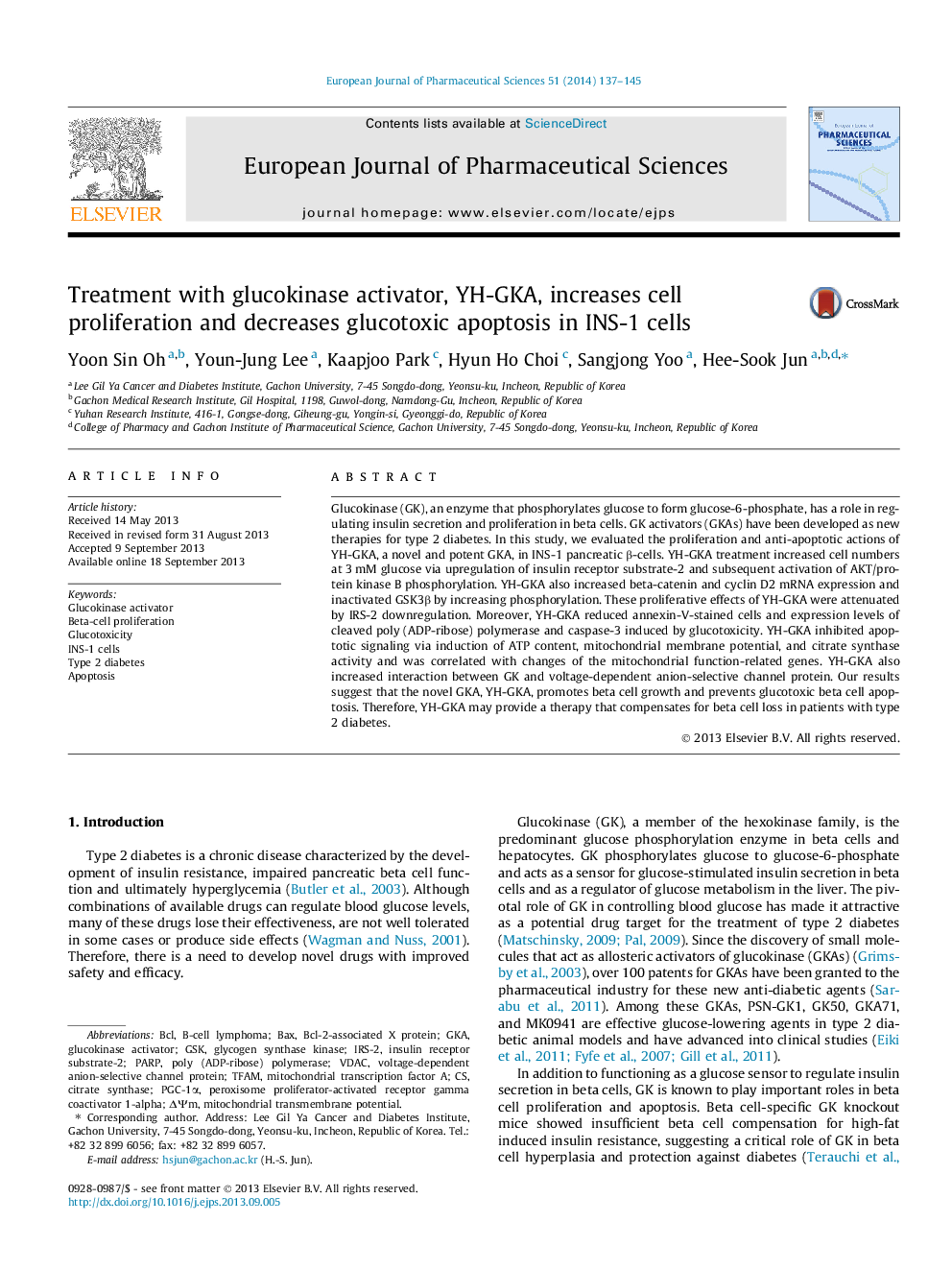 Treatment with glucokinase activator, YH-GKA, increases cell proliferation and decreases glucotoxic apoptosis in INS-1 cells