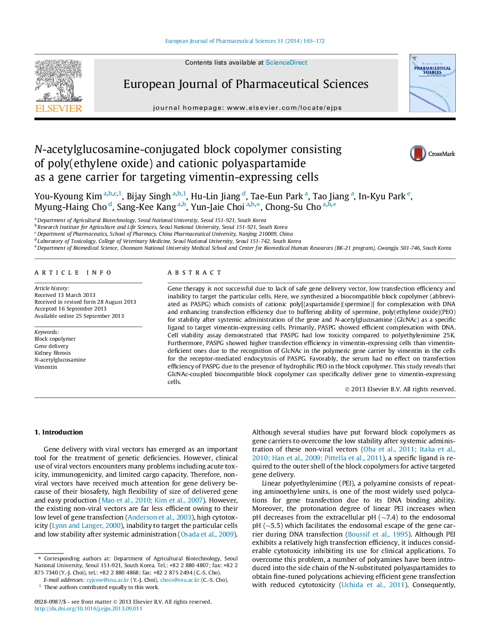 N-acetylglucosamine-conjugated block copolymer consisting of poly(ethylene oxide) and cationic polyaspartamide as a gene carrier for targeting vimentin-expressing cells