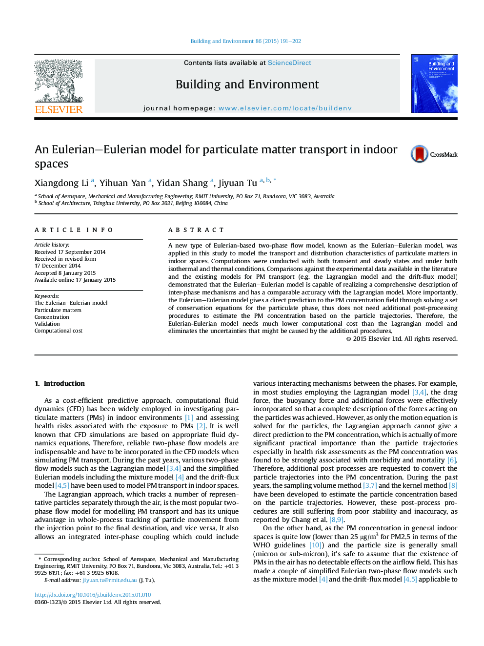 An Eulerian–Eulerian model for particulate matter transport in indoor spaces