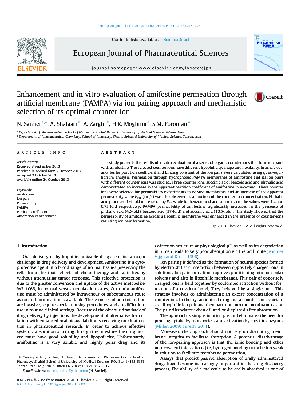 Enhancement and in vitro evaluation of amifostine permeation through artificial membrane (PAMPA) via ion pairing approach and mechanistic selection of its optimal counter ion