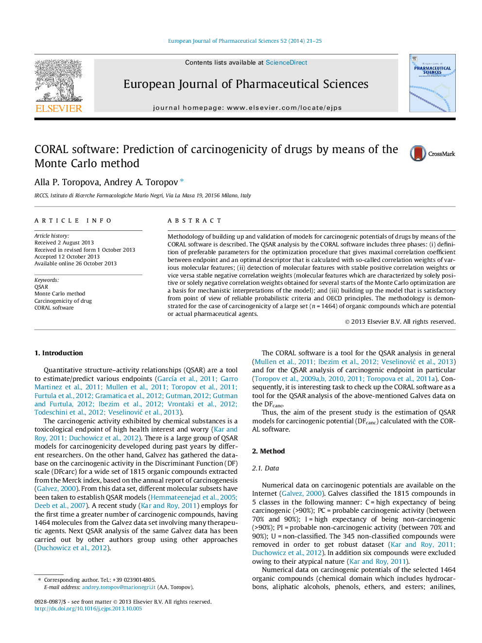 CORAL software: Prediction of carcinogenicity of drugs by means of the Monte Carlo method