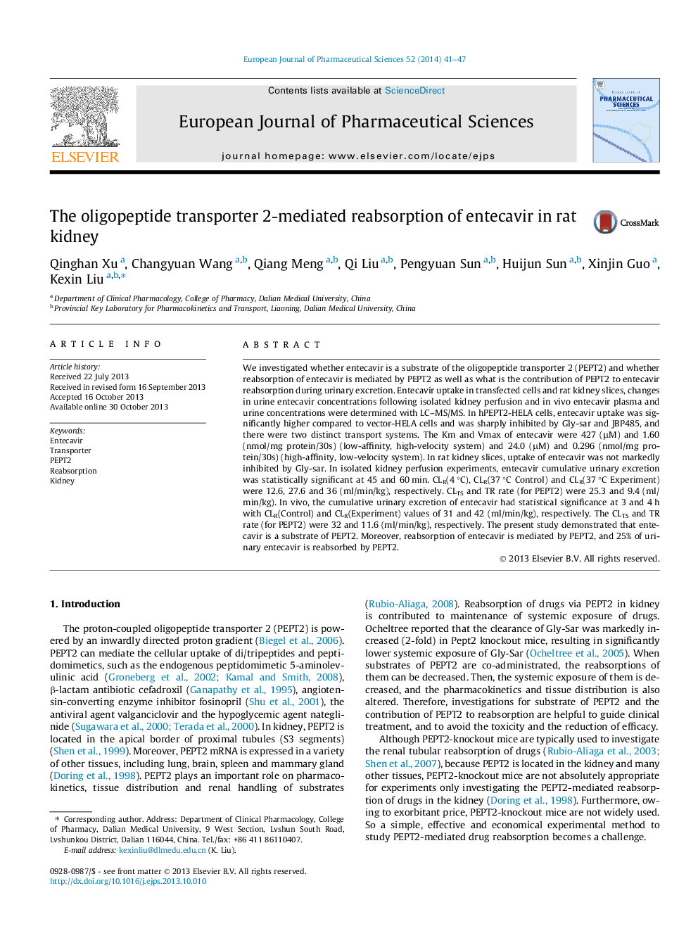 The oligopeptide transporter 2-mediated reabsorption of entecavir in rat kidney