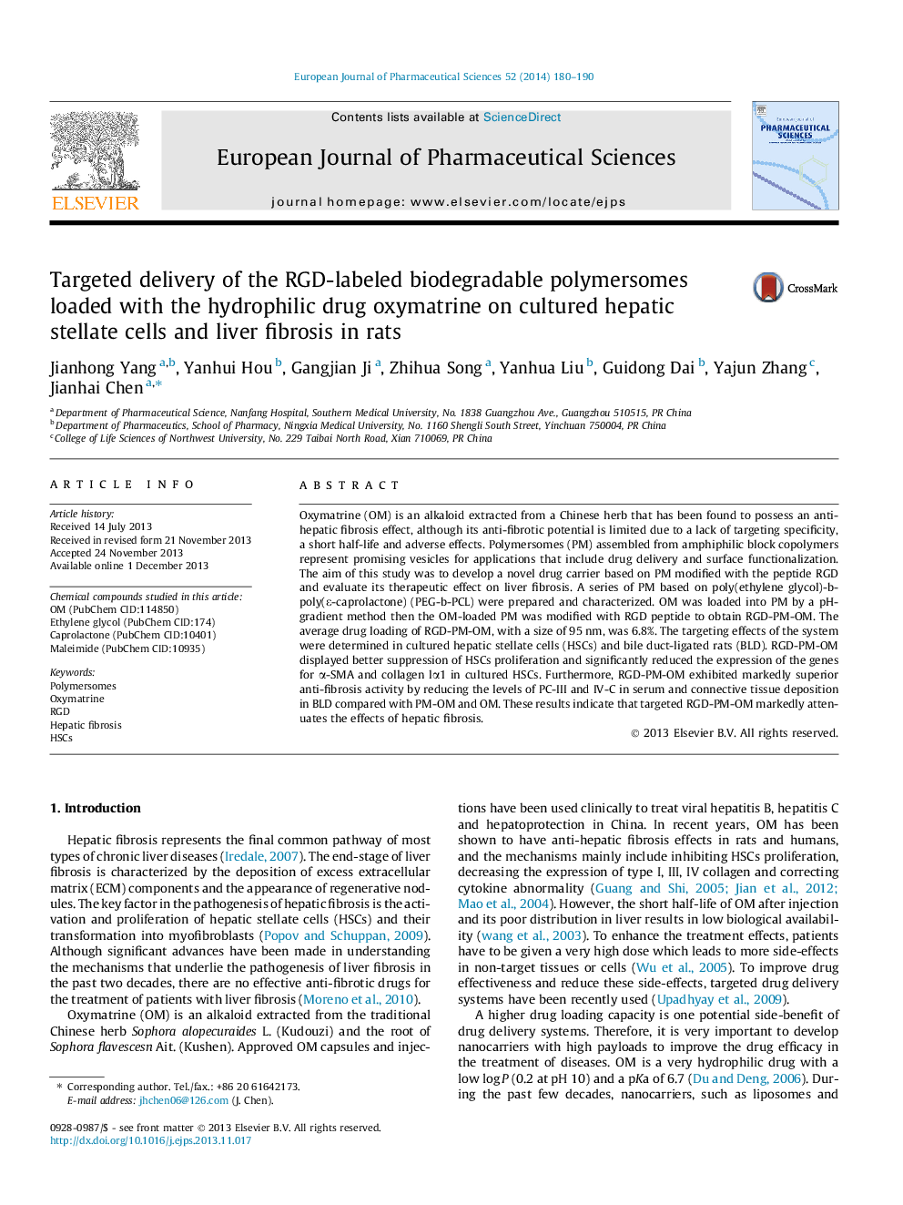 Targeted delivery of the RGD-labeled biodegradable polymersomes loaded with the hydrophilic drug oxymatrine on cultured hepatic stellate cells and liver fibrosis in rats