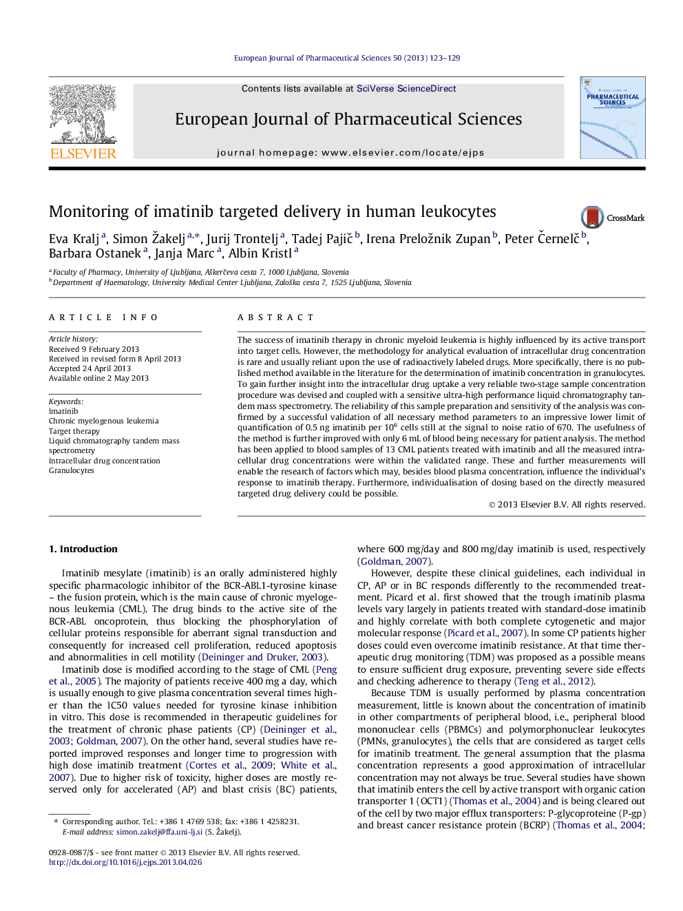 Monitoring of imatinib targeted delivery in human leukocytes