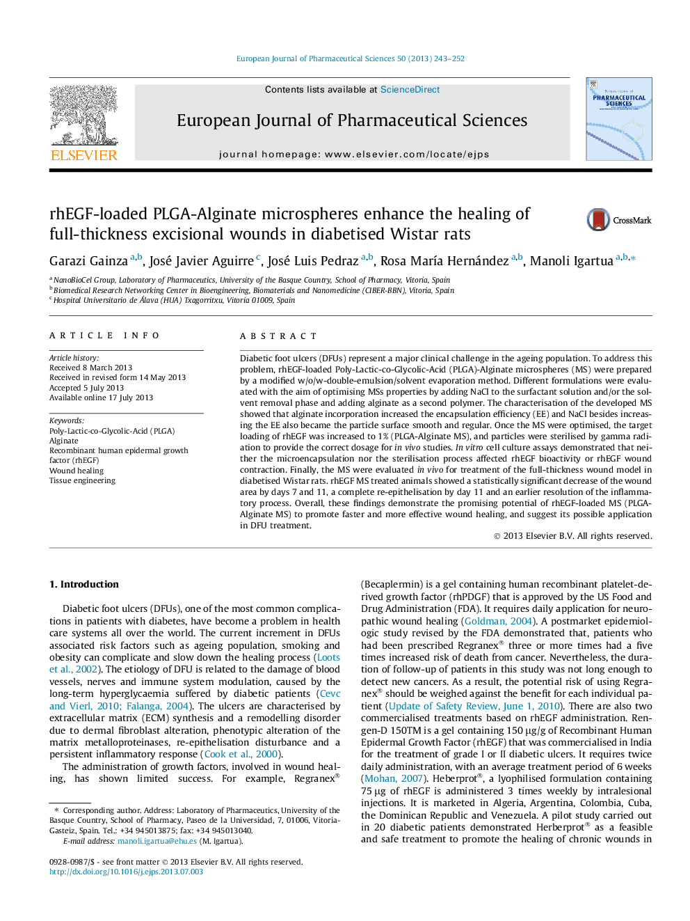 rhEGF-loaded PLGA-Alginate microspheres enhance the healing of full-thickness excisional wounds in diabetised Wistar rats