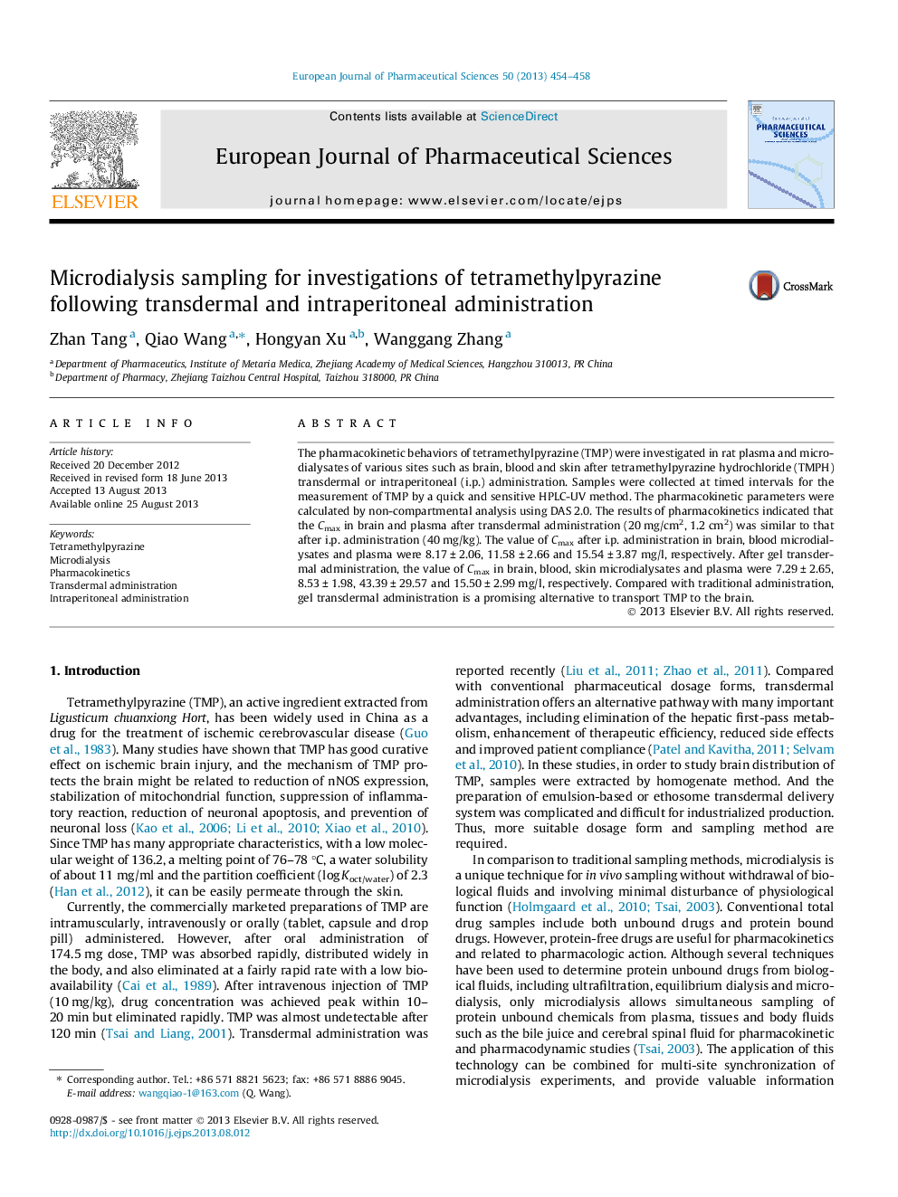 Microdialysis sampling for investigations of tetramethylpyrazine following transdermal and intraperitoneal administration