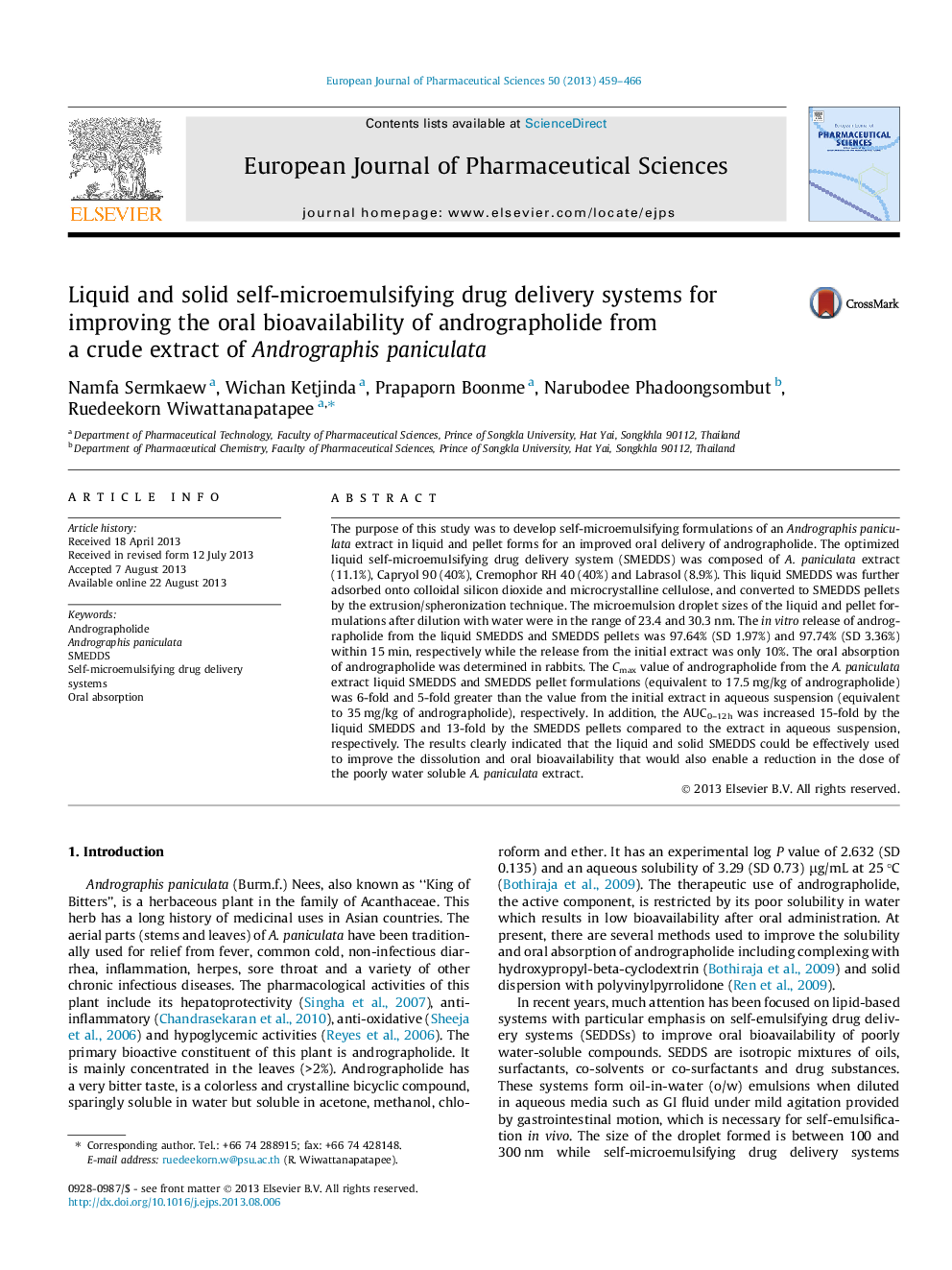 Liquid and solid self-microemulsifying drug delivery systems for improving the oral bioavailability of andrographolide from a crude extract of Andrographis paniculata