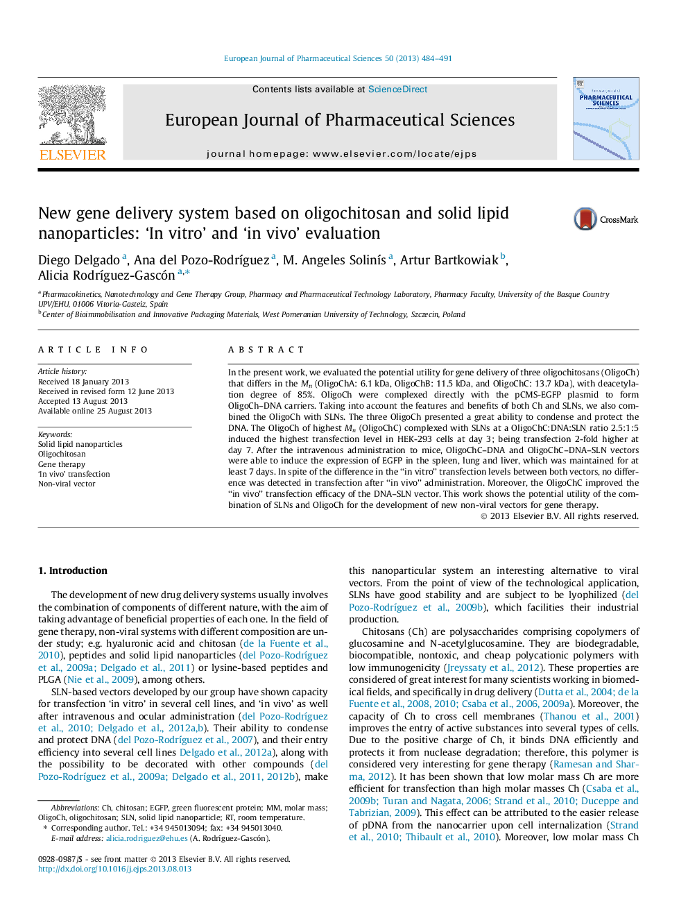 New gene delivery system based on oligochitosan and solid lipid nanoparticles: ‘In vitro’ and ‘in vivo’ evaluation