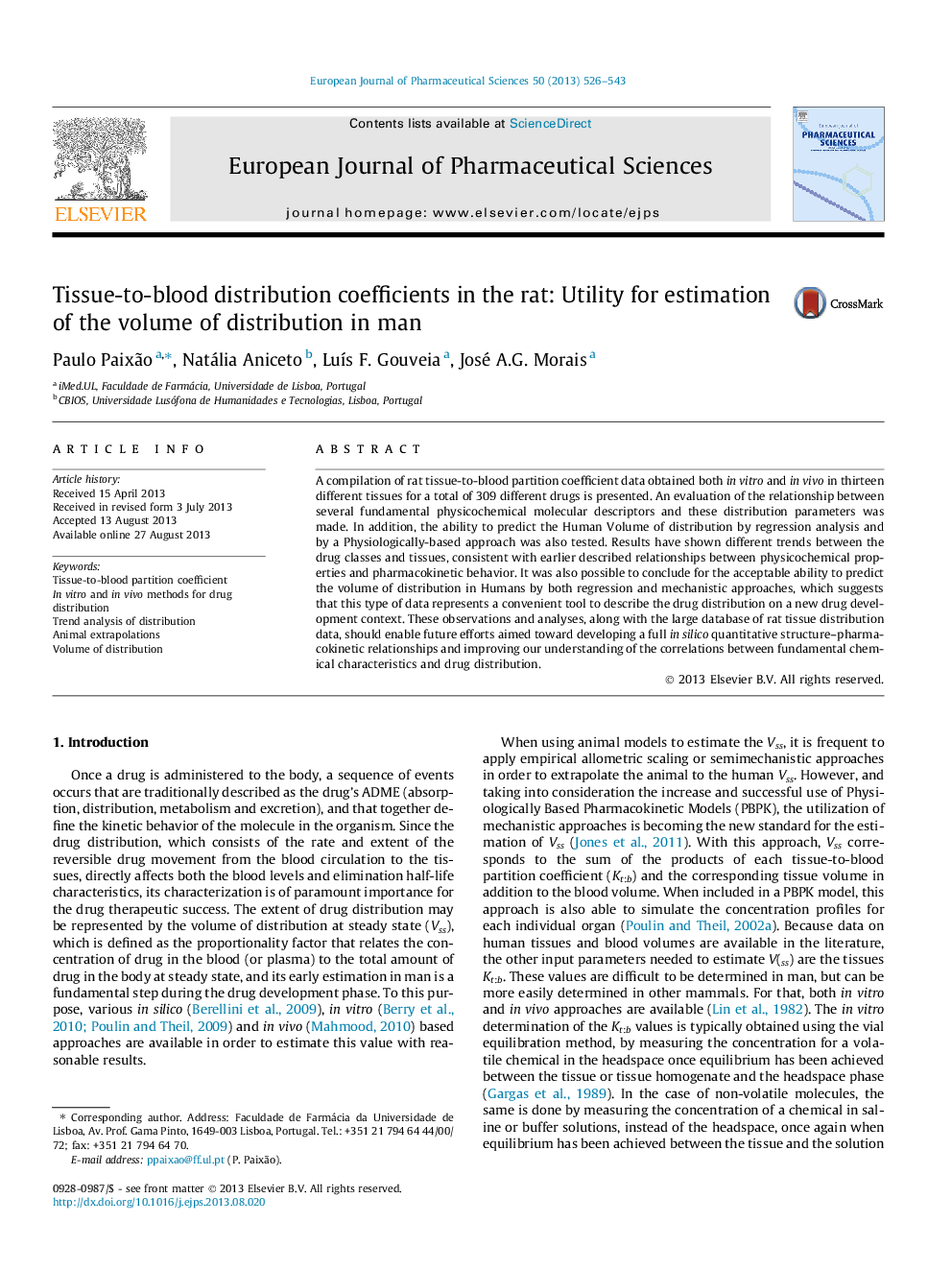 Tissue-to-blood distribution coefficients in the rat: Utility for estimation of the volume of distribution in man