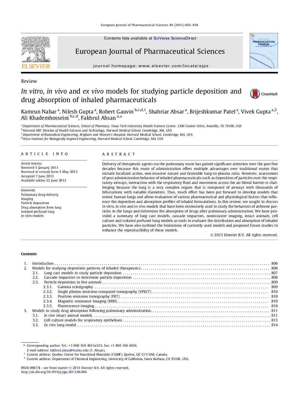 In vitro, in vivo and ex vivo models for studying particle deposition and drug absorption of inhaled pharmaceuticals